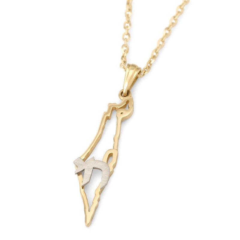 14K Gold Chai and Map of Israel Unisex Pendant Necklace