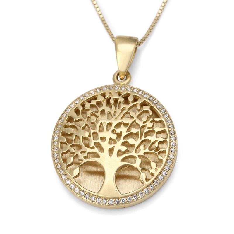 Collier pendentif grand arbre de vie en or 14 carats avec diamants étincelants