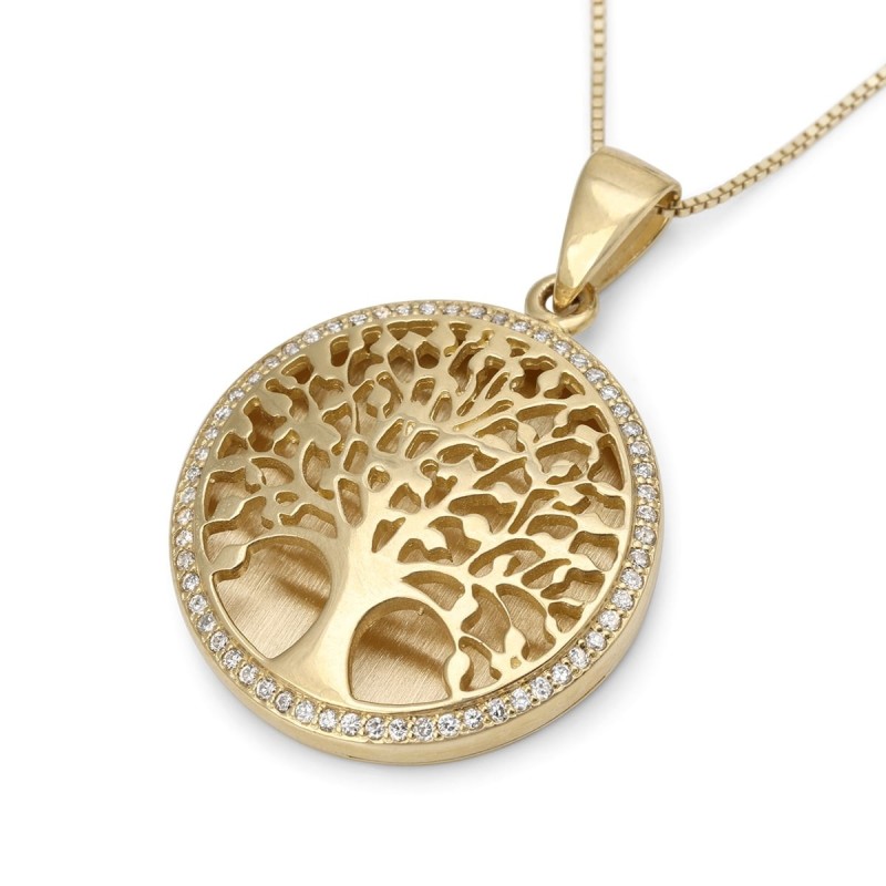 Collier pendentif grand arbre de vie en or 14 carats avec diamants étincelants