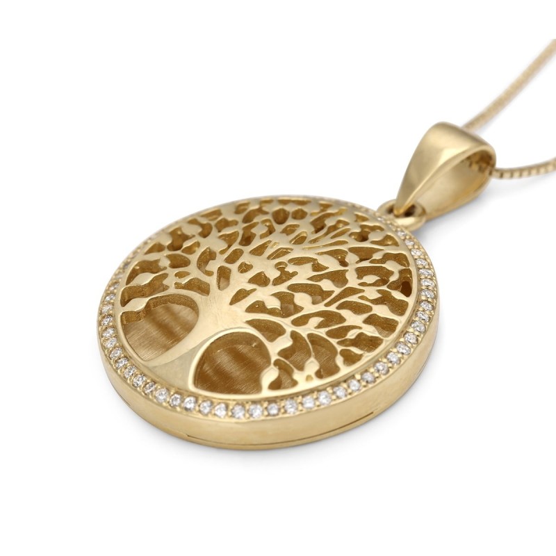 Collier pendentif grand arbre de vie en or 14 carats avec diamants étincelants