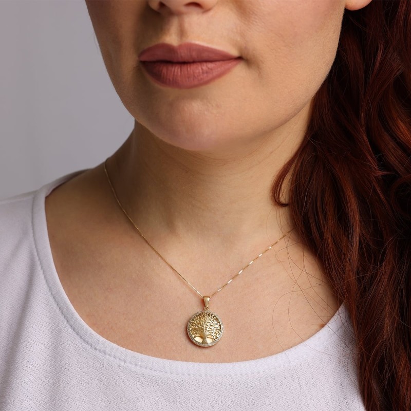 Collier pendentif grand arbre de vie en or 14 carats avec diamants étincelants