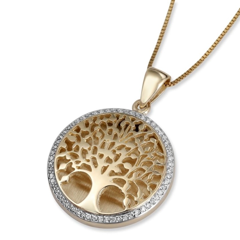 Collier pendentif grand arbre de vie en or 14 carats avec diamants étincelants