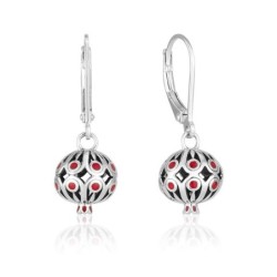 Sterling Silver Dangling Pomegranate Earrings with Red Enamel