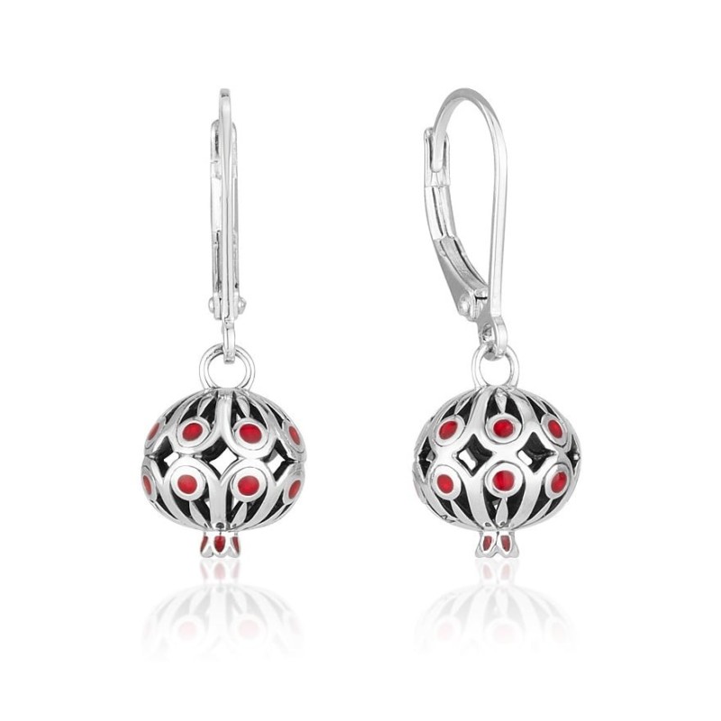 Sterling Silver Dangling Pomegranate Earrings with Red Enamel