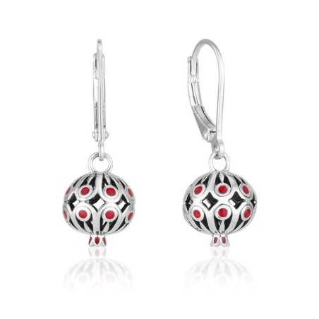 Sterling Silver Dangling Pomegranate Earrings with Red Enamel