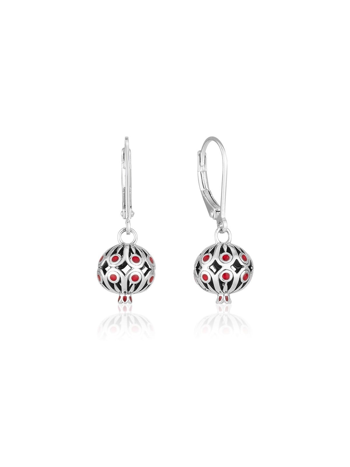 Sterling Silver Dangling Pomegranate Earrings with Red Enamel