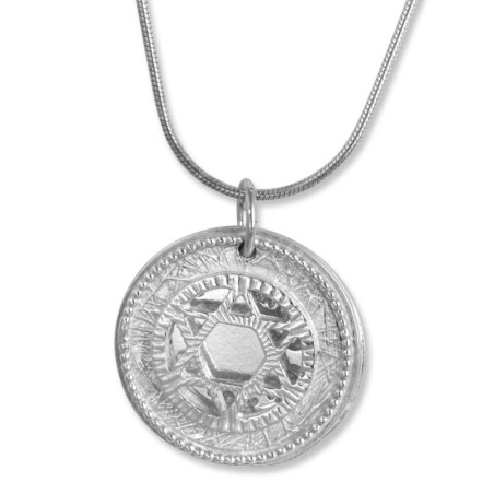 Collier pendentif étoile de David à double disque de style yéménite en argent sterling