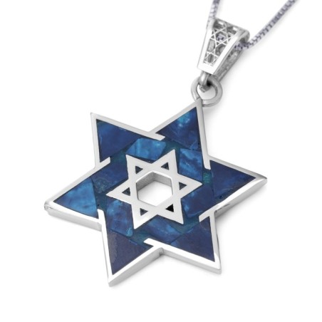 Pendentif étoile de David unisexe en or blanc 14 carats avec pierre d'Eilat