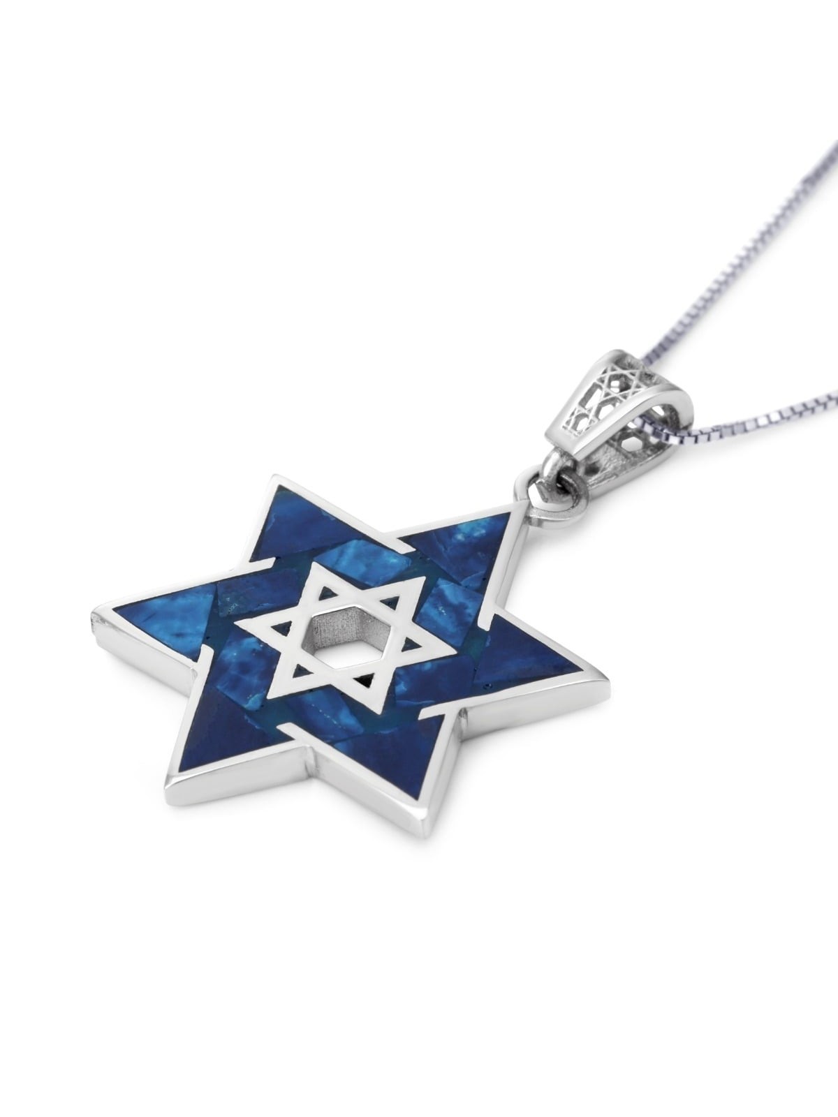 Pendentif étoile de David unisexe en or blanc 14 carats avec pierre d'Eilat