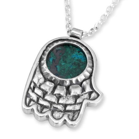 Collier Hamsa en argent sterling et pierre d'Eilat avec moti du vieux Jérusalem