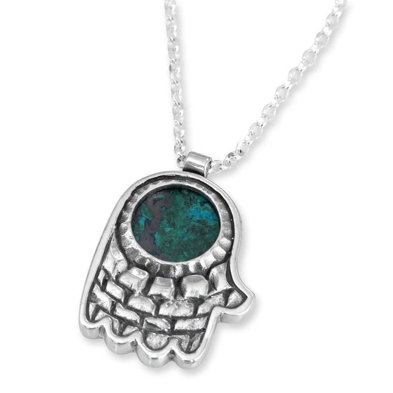 Sterling Silver and Eilat Stone Hamsa Necklace With Old Jerusalem Moti