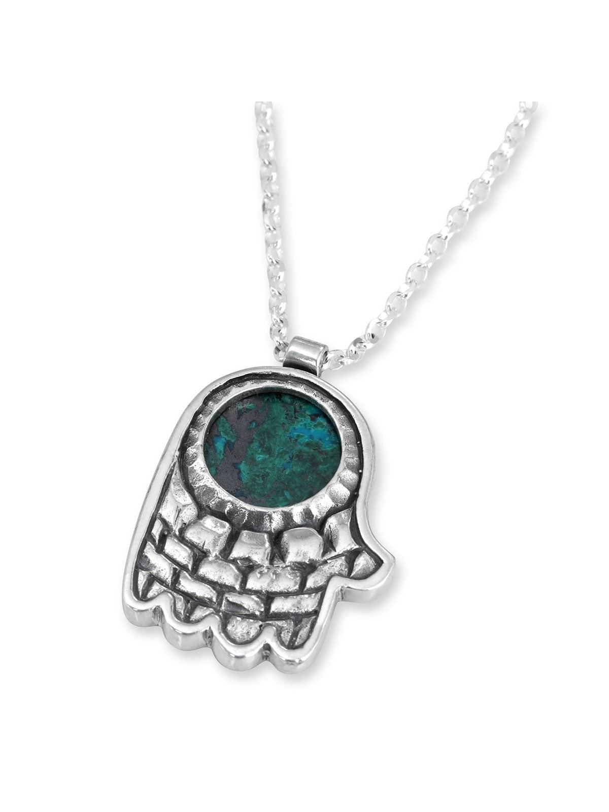 Collier Hamsa en argent sterling et pierre d'Eilat avec moti du vieux Jérusalem