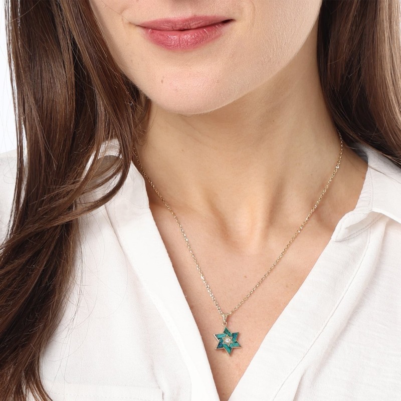 14K Gold Diamond and Eilat Stone Star of David Pendant