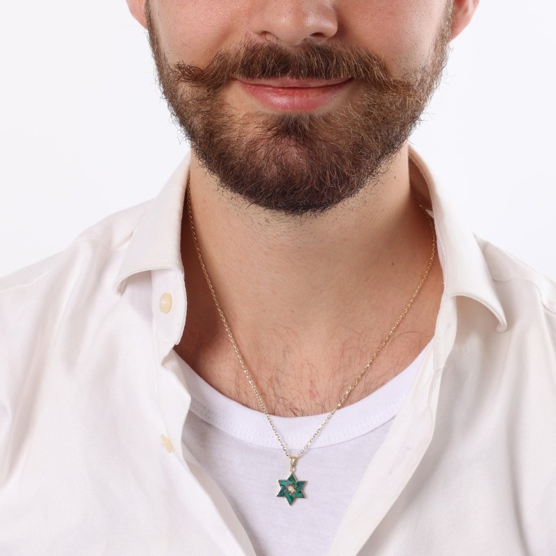 14K Gold Diamond and Eilat Stone Star of David Pendant