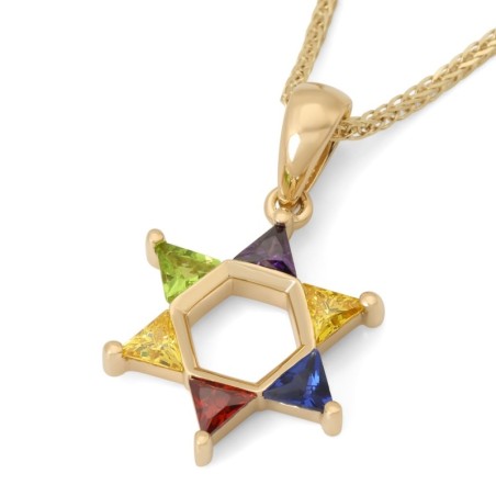 14K Gold Star of David Pendant Necklace with Multicolored Stones