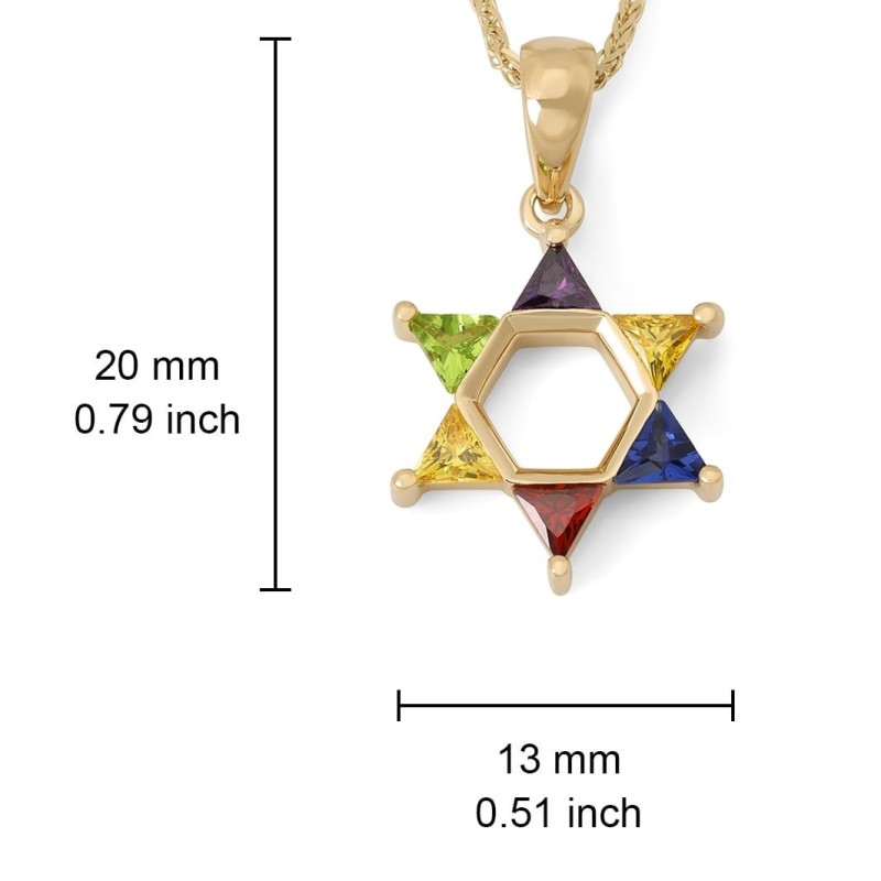 Collier pendentif étoile de David en or 14 carats avec pierres multicolores
