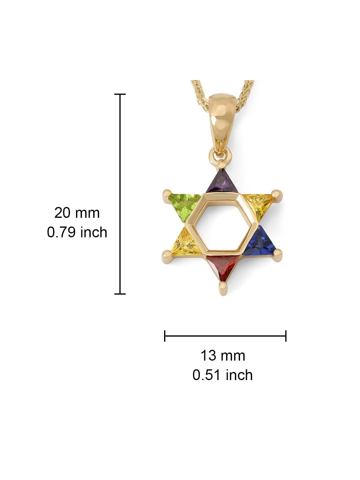 Collier pendentif étoile de David en or 14 carats avec pierres multicolores