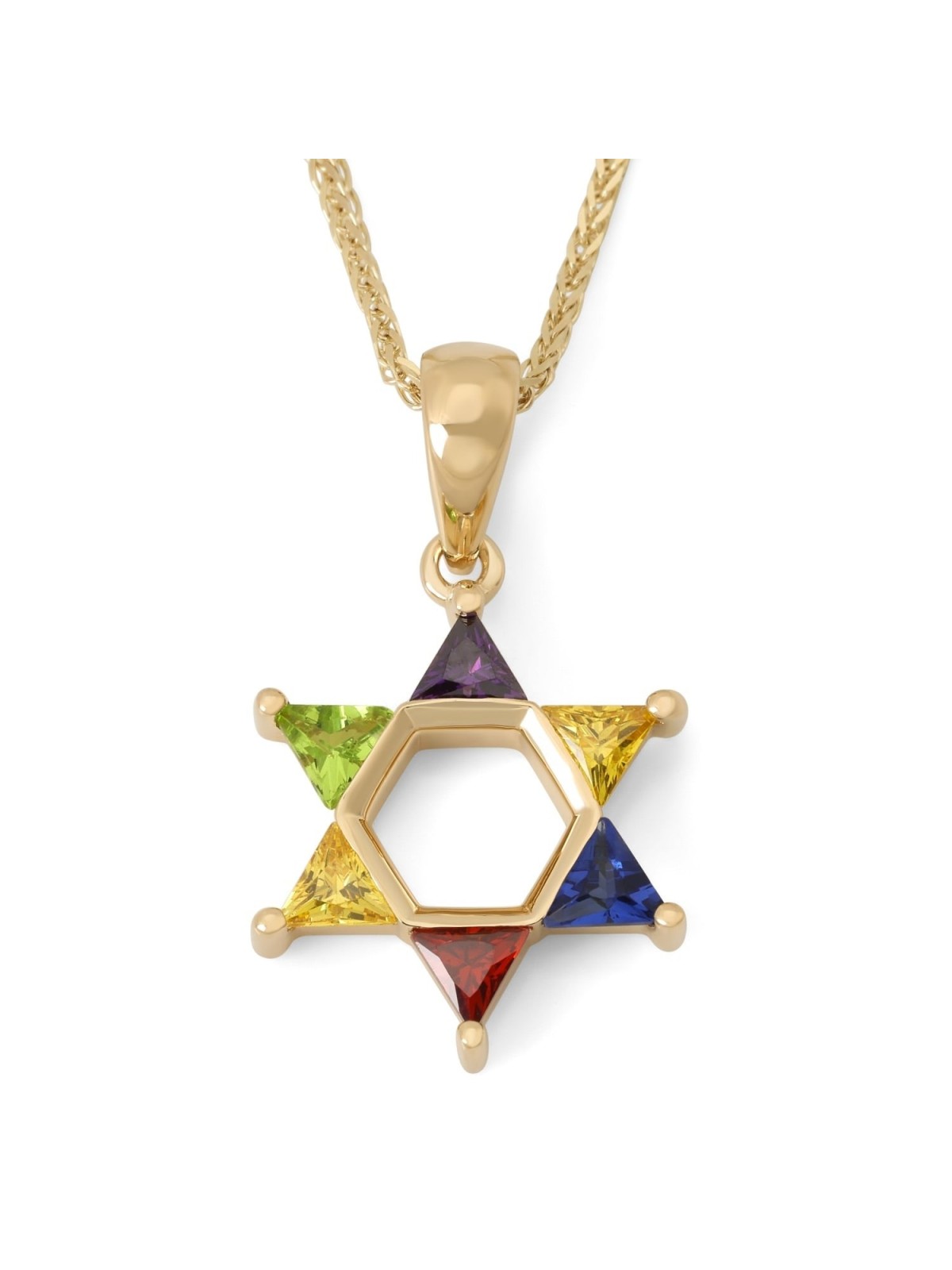 14K Gold Star of David Pendant Necklace with Multicolored Stones