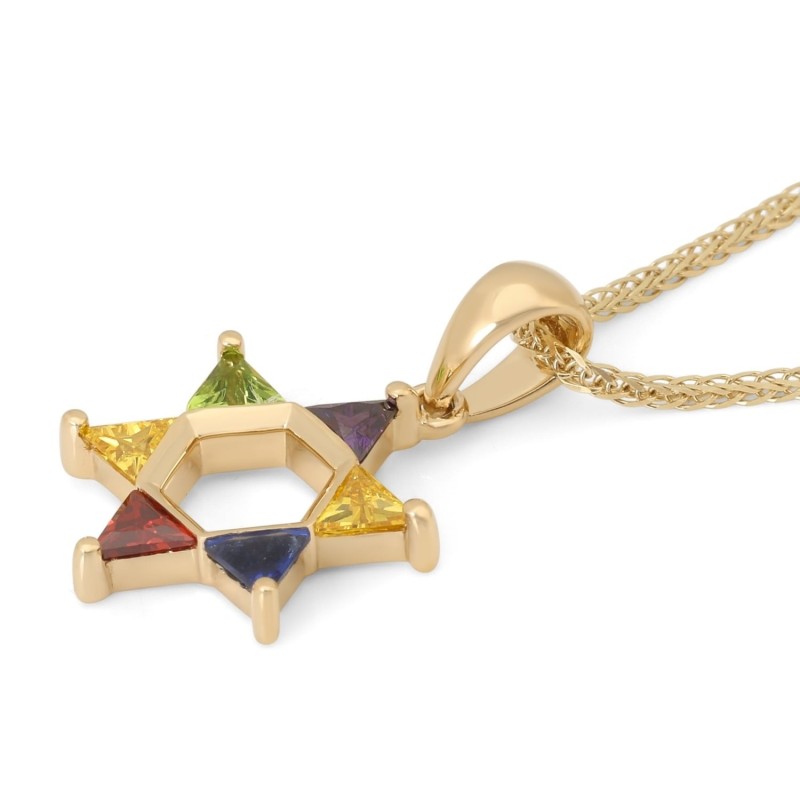 Collier pendentif étoile de David en or 14 carats avec pierres multicolores