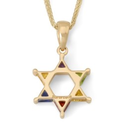 14K Gold Star of David Pendant Necklace with Multicolored Stones