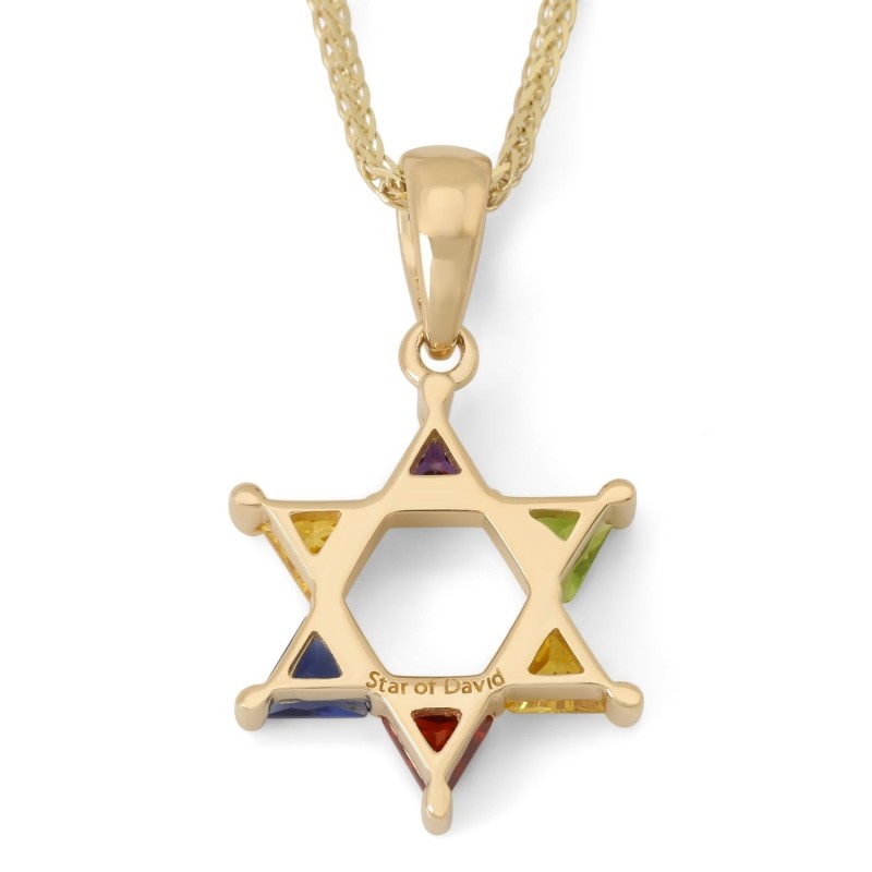 Collier pendentif étoile de David en or 14 carats avec pierres multicolores