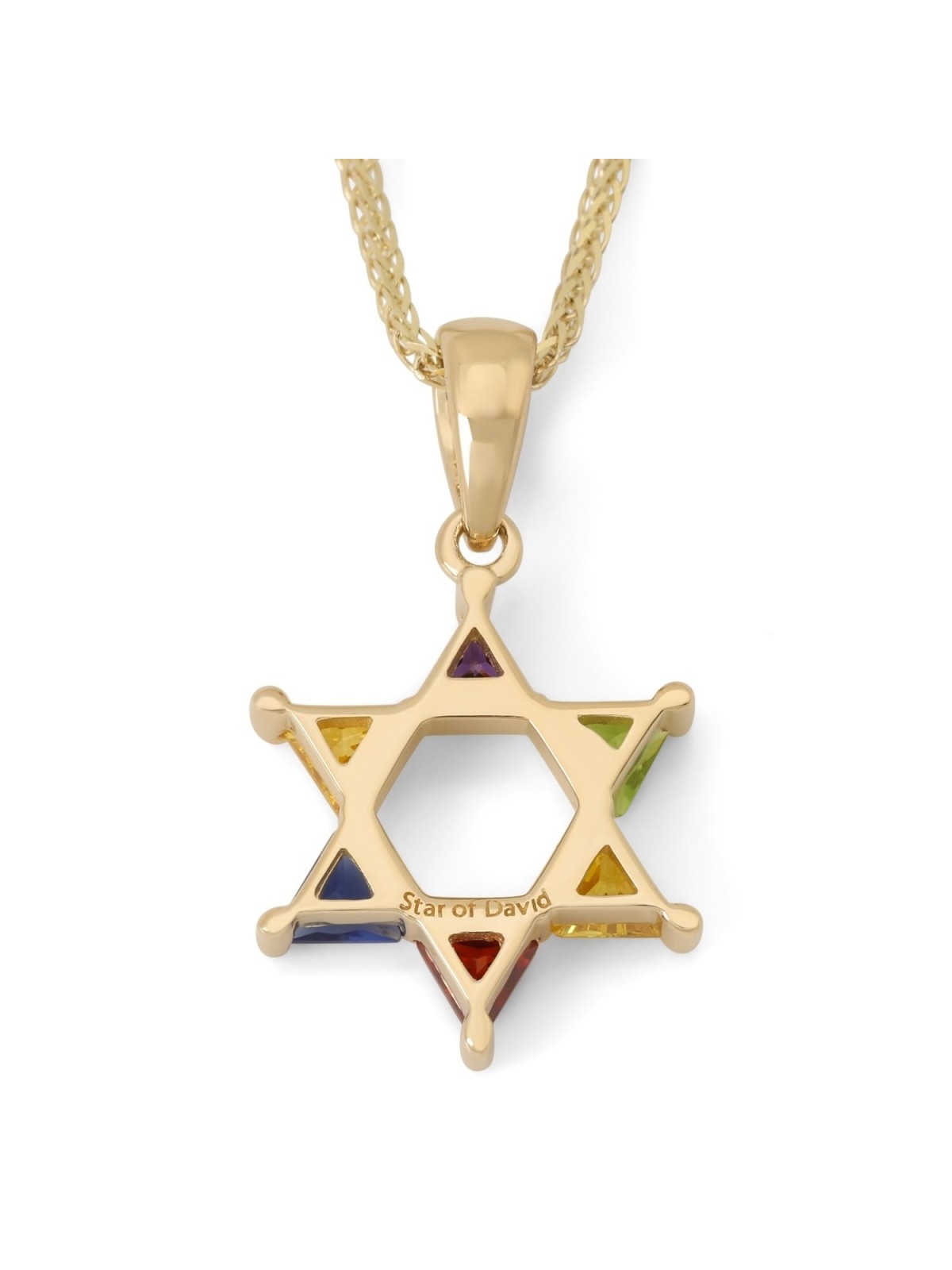 14K Gold Star of David Pendant Necklace with Multicolored Stones