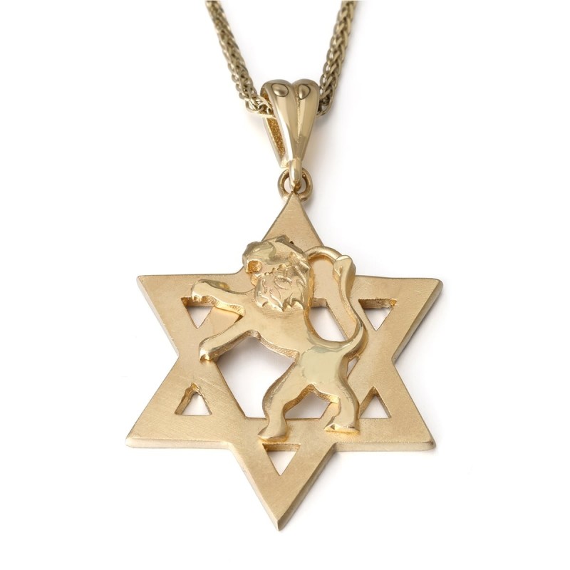 Collier pendentif étoile de David et Lion de Juda en or 14 carats - Jaune ou Wh