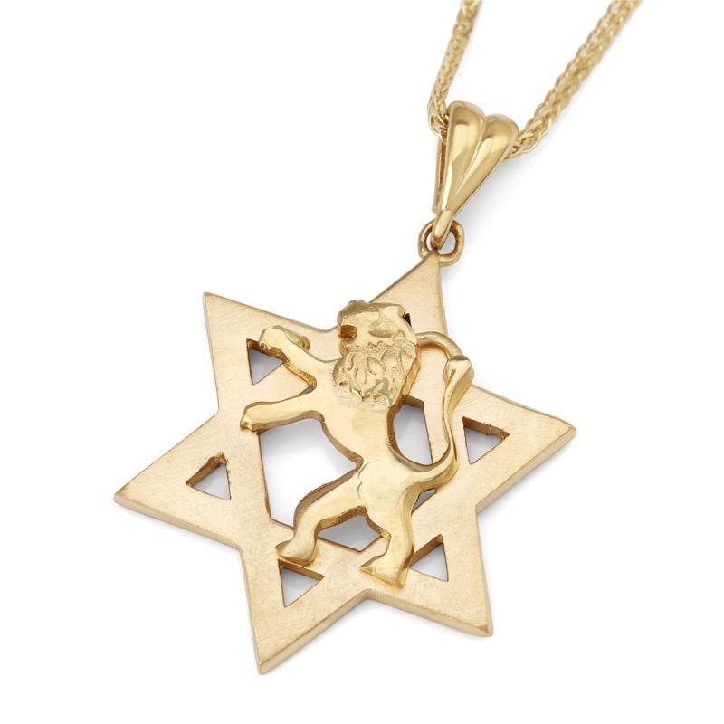 Collier pendentif étoile de David et Lion de Juda en or 14 carats - Jaune ou Wh