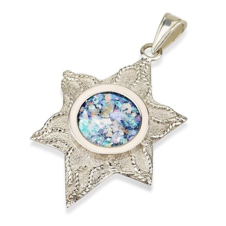 Collier pendentif étoile de David en verre romain et argent