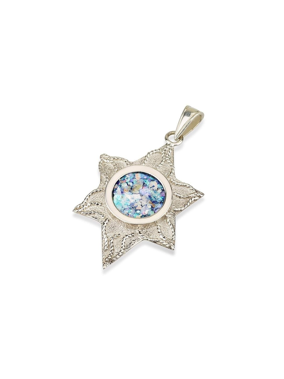 Collier pendentif étoile de David en verre romain et argent