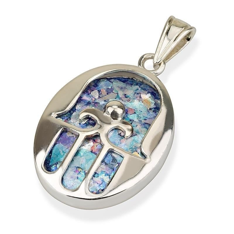 Roman Glass and Silver Fountain Hamsa Pendant Necklace