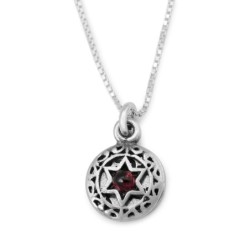 Priestly Blessing: Double Disk Star of David Necklace with Garnet - Nu