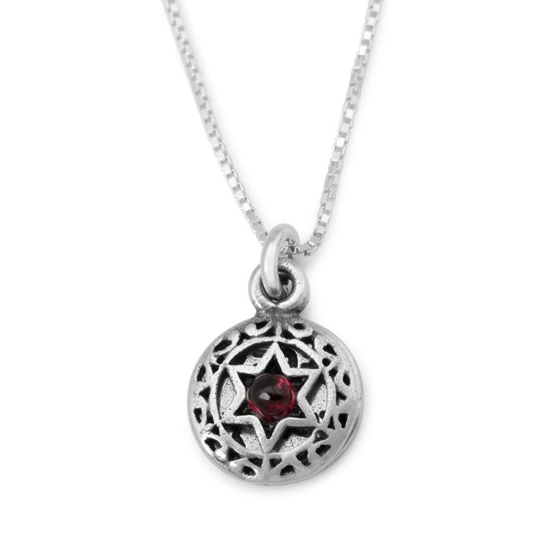 Bénédiction sacerdotale : Collier double disque étoile de David avec grenat - Nu