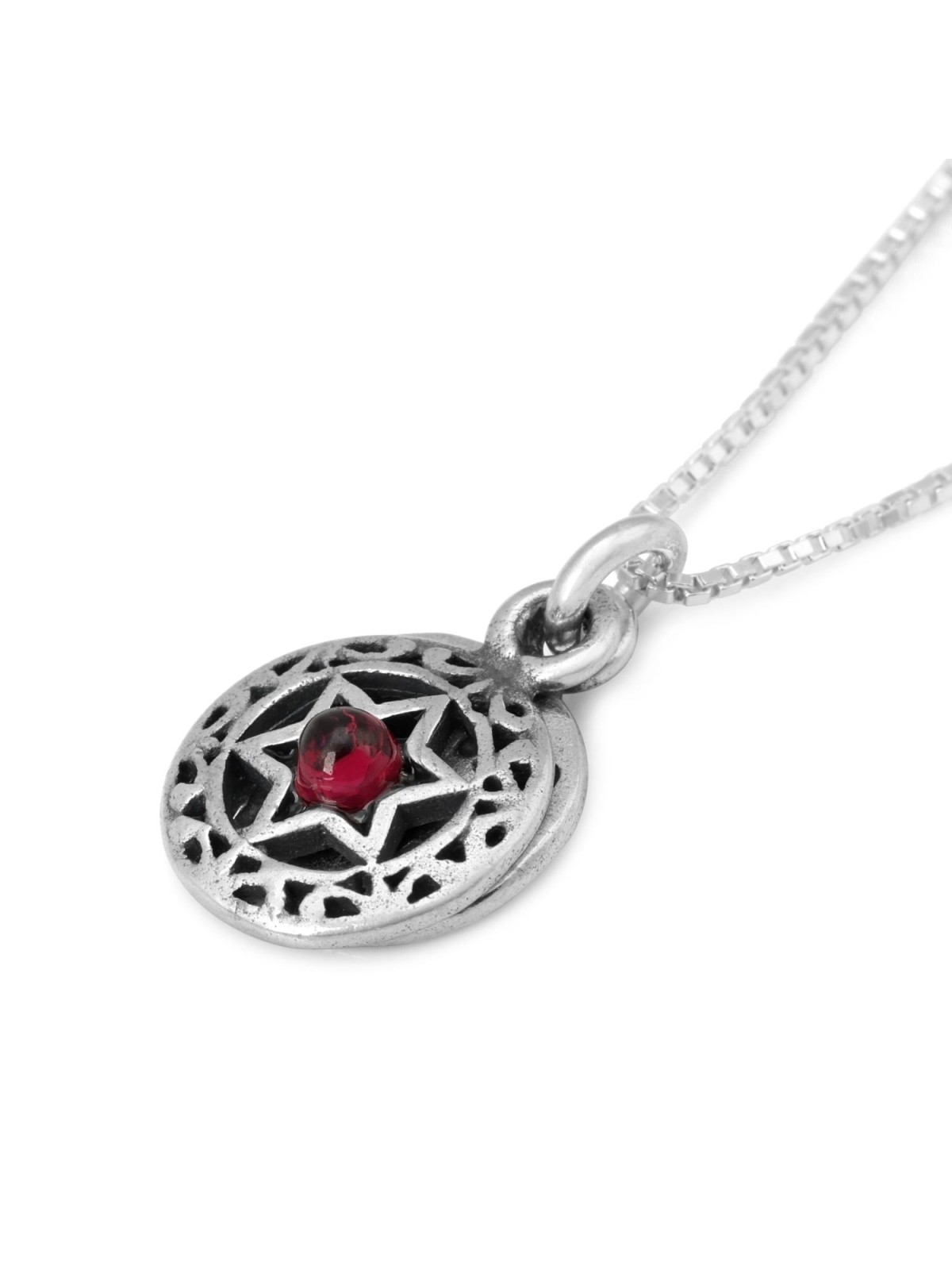 Bénédiction sacerdotale : Collier double disque étoile de David avec grenat - Nu
