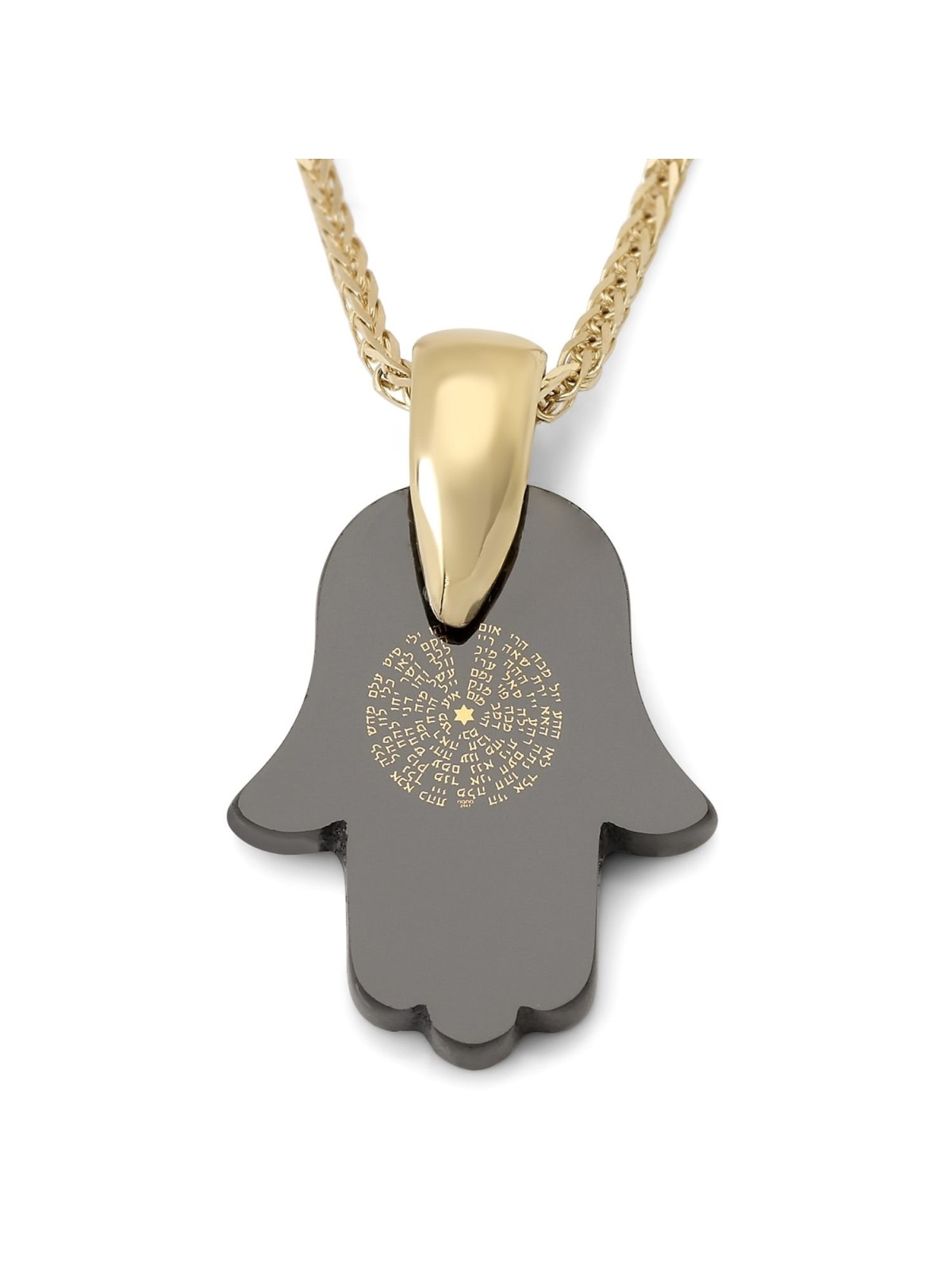 14K Gold and Onyx Hamsa Kabbalah Pendant with 72 Names