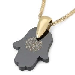 14K Gold and Onyx Hamsa Kabbalah Pendant with 72 Names