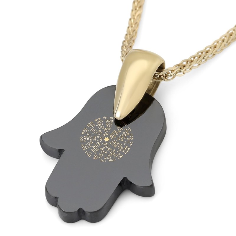Pendentif Hamsa Kabbale en or 14 carats et onyx avec 72 noms