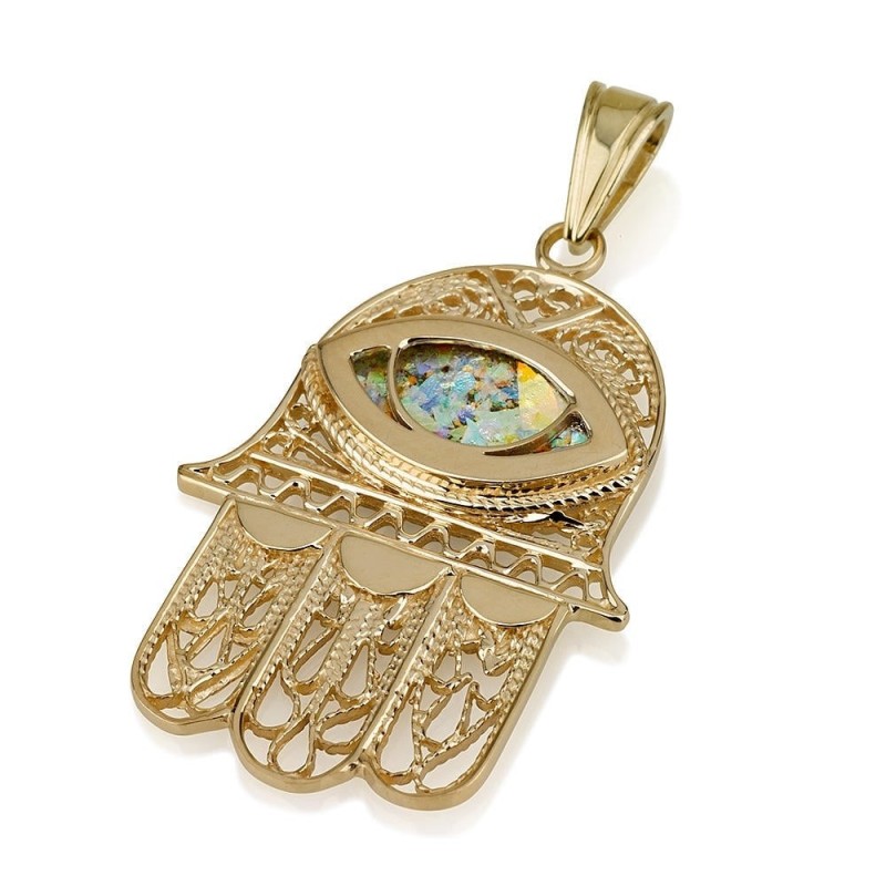 Pendentif Hamsa en filigrane d'or 14 carats avec mauvais œil en verre romain