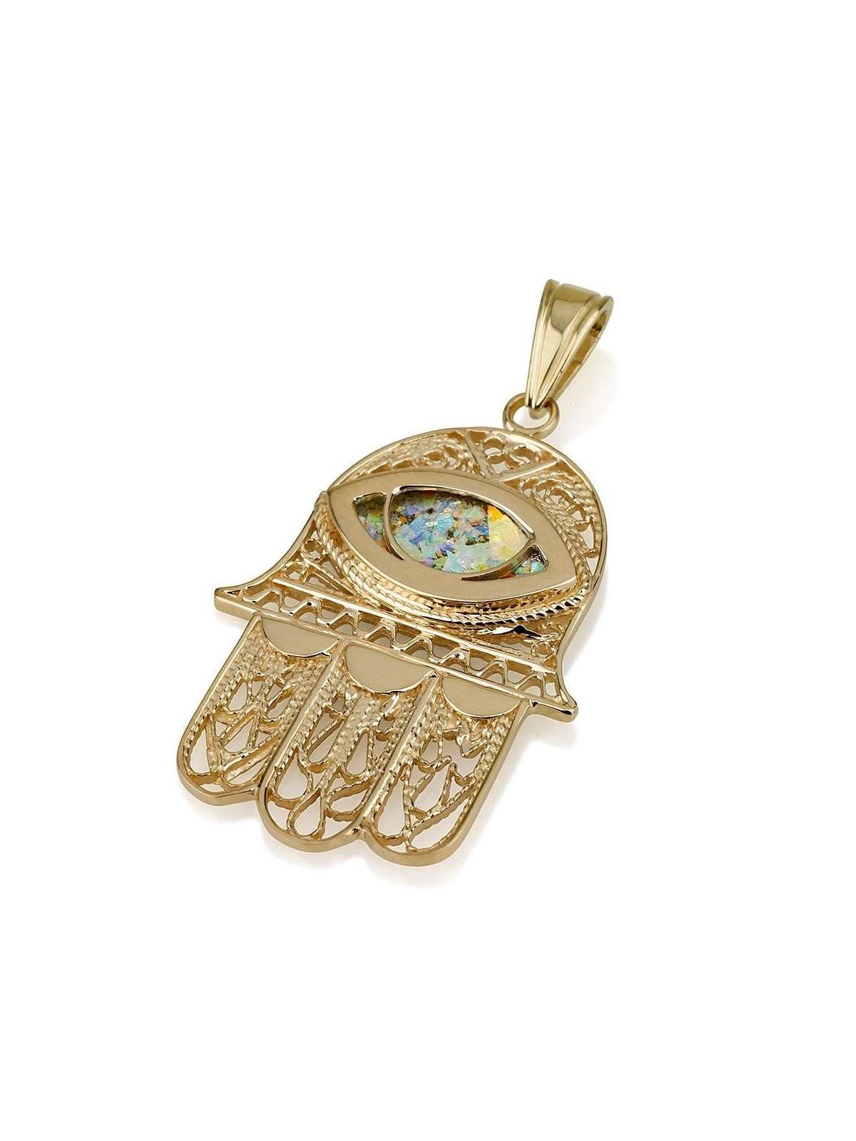 Pendentif Hamsa en filigrane d'or 14 carats avec mauvais œil en verre romain