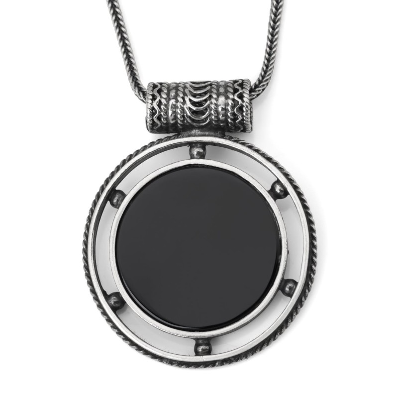 Prière du voyageur : grand collier multi-cadres en onyx et argent pour homme