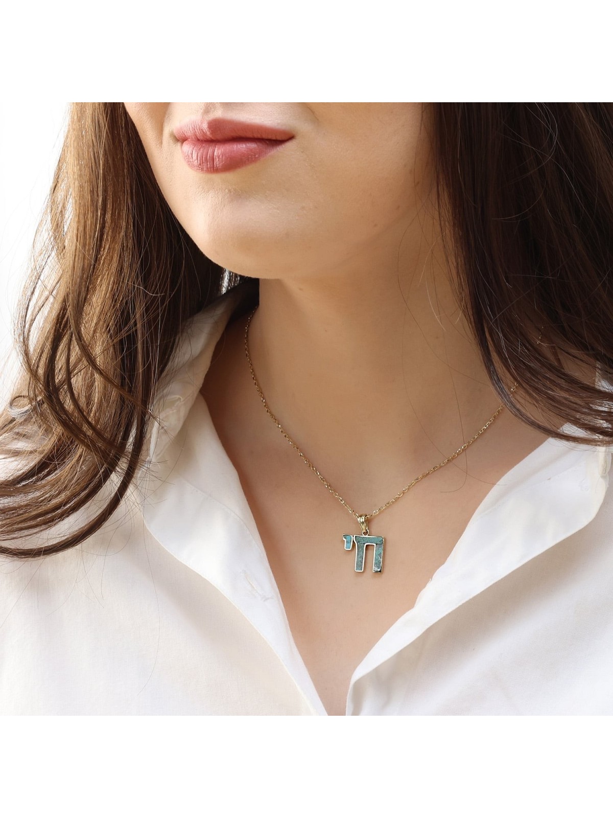 14K Gold Chai Pendant Necklace with Green Eilat Stone