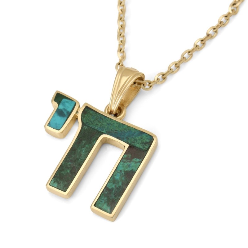 Collier pendentif Chai en or 14 carats avec pierre verte d'Eilat