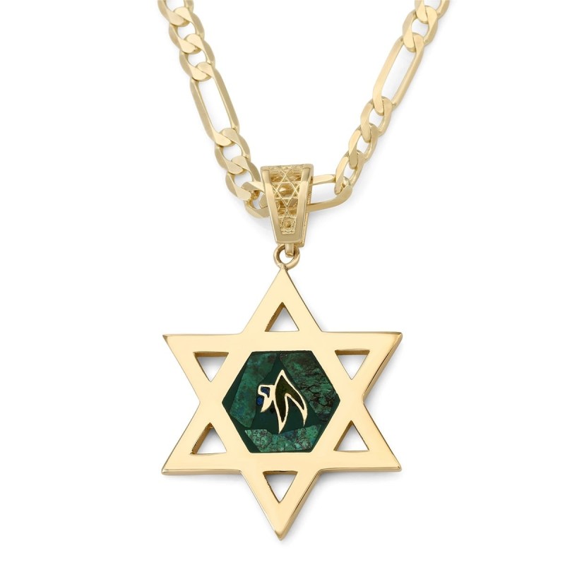 Large 14K Gold Men's Star of David Pendant with Engraved Chai on Eilat