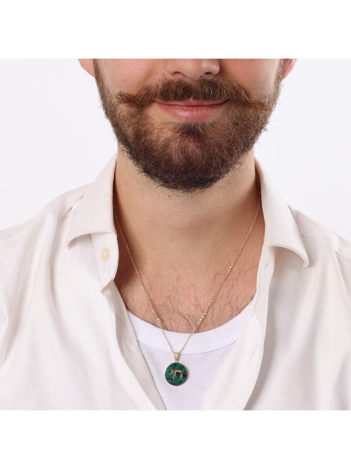Pendentif Chai circulaire en or 14 carats et pierre d'Eilat