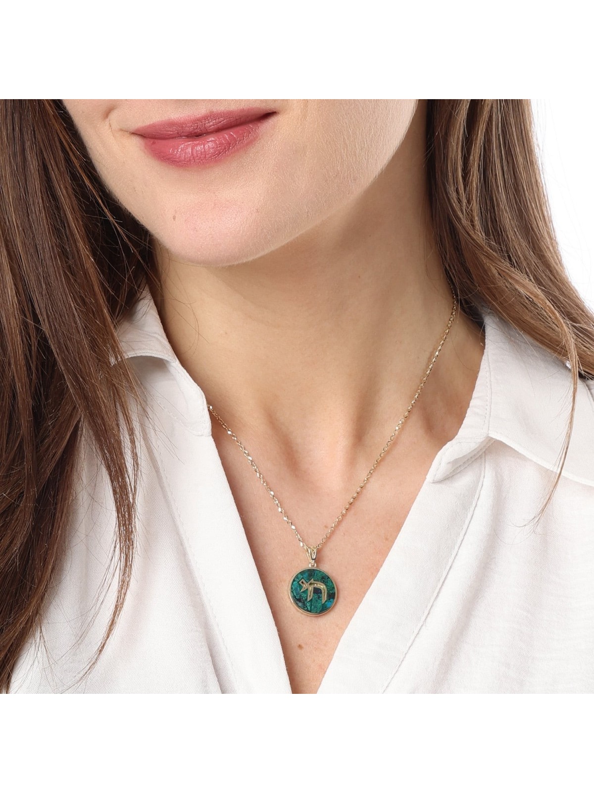 Pendentif Chai circulaire en or 14 carats et pierre d'Eilat