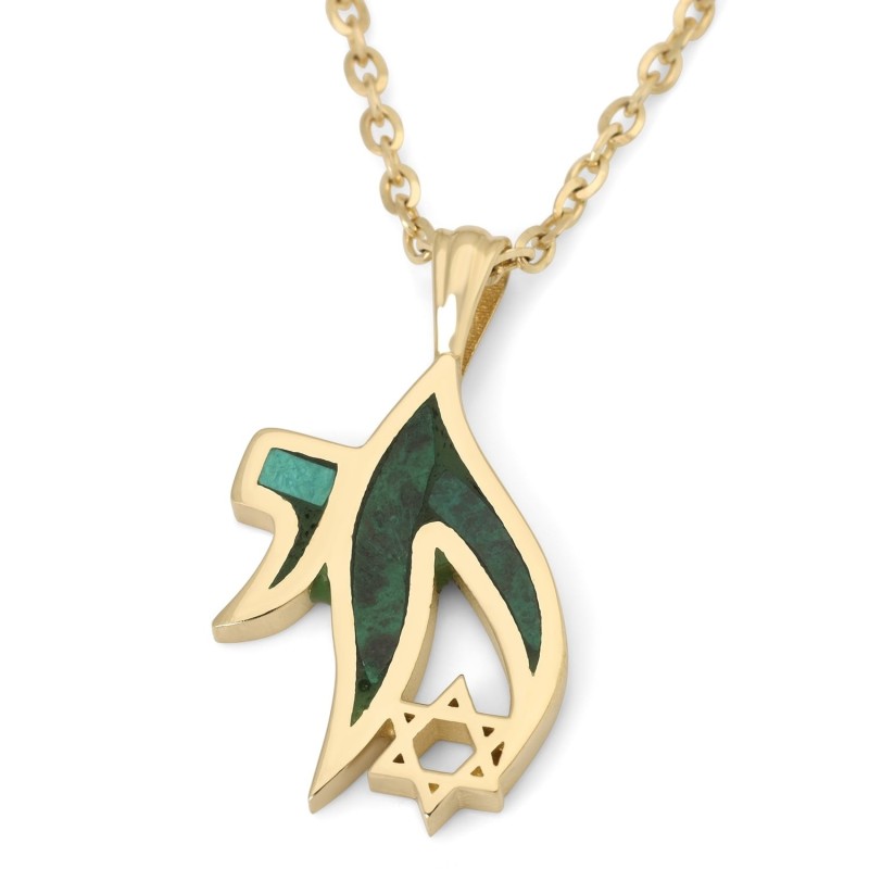 Collier pendentif Chai étoile de David et pierre d'Eilat en or 14 carats