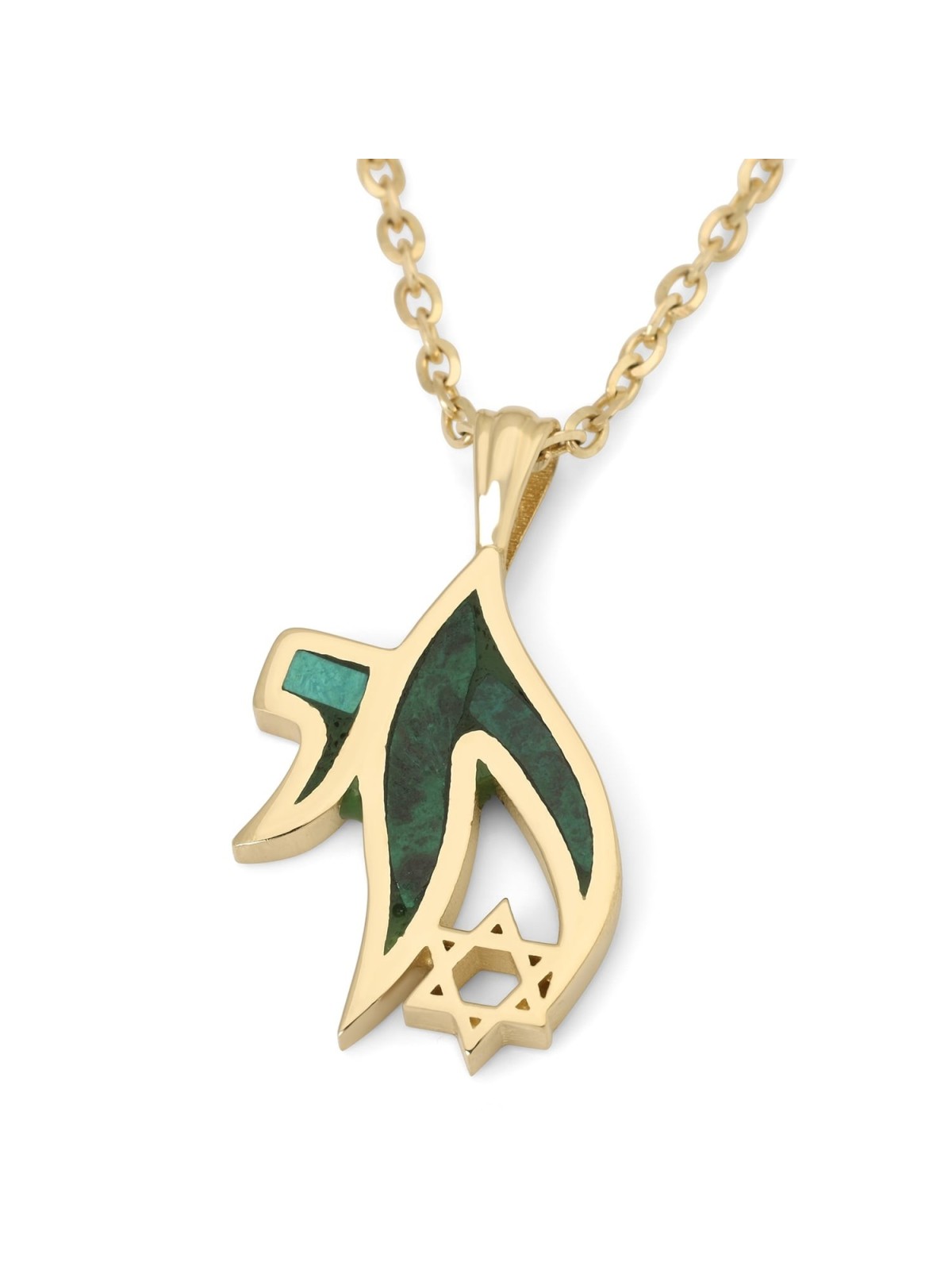 14K Gold Star of David and Eilat Stone Chai Pendant Necklace