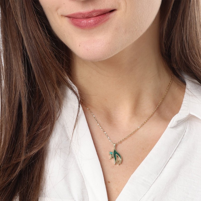 Collier pendentif Chai étoile de David et pierre d'Eilat en or 14 carats