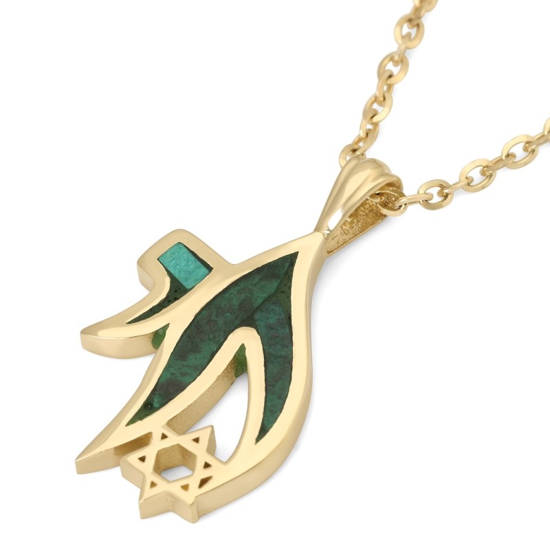 Collier pendentif Chai étoile de David et pierre d'Eilat en or 14 carats
