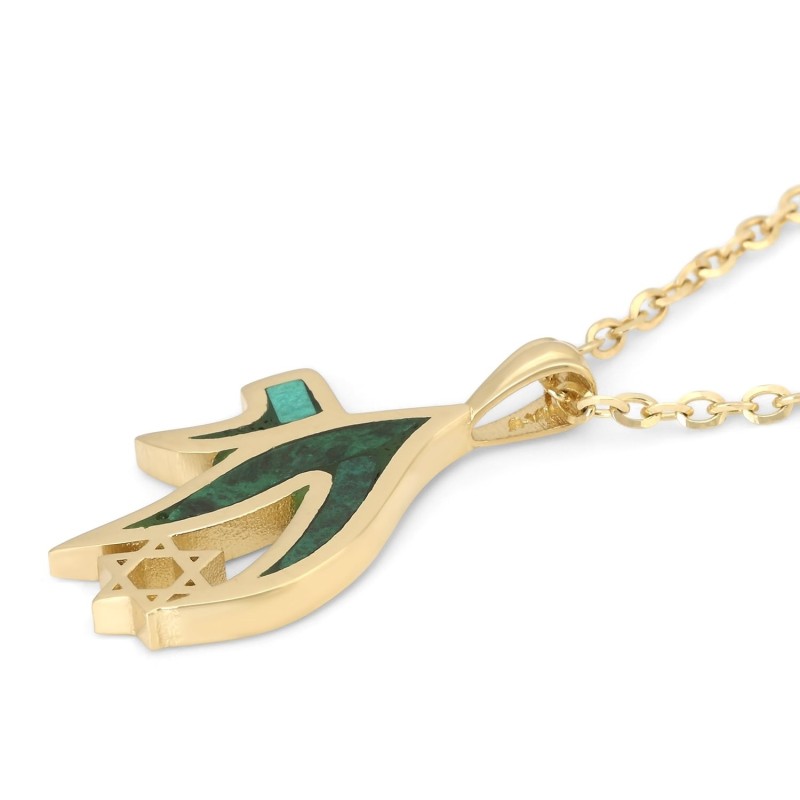 Collier pendentif Chai étoile de David et pierre d'Eilat en or 14 carats